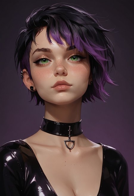 score_9,score_8_up, field, 
score_9, score_8_up, score_7_up, 1girl, goth,
1girl, (sexy 18 year old tomboy, perfect body, fair skin, cute face, freckles, dimples, green eyes, medium breasts, long legs, choker, firm butt, round ass, black hair, two-tone hair, purple IncursioDipDyedHair, pixie cut purple hair), 
slender body, big rounded breasts. wearing headphones, cleavage bodycon dress, close up, headshot, latex dress,