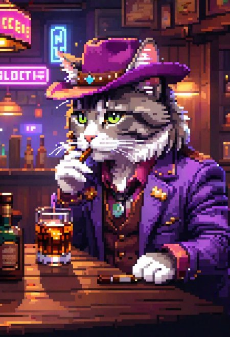 pixel-art, modeltrue, best quality, 4k, hd, a cat in a bar looking nostalgic smoking a cigar and drinking alcohol, low light, ray tracing, smoke, purple_(theme), white neon lights, melancholic, wide angle, cowboy shot.