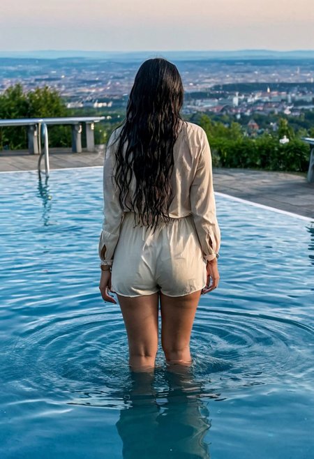 A beautiful Indian girl standing in the water in the pool at Krapfenwaldbad overlooking Vienna on a summer evening, shot from behind, super sexy butt, creamy beautiful skin, long hair, high quality OverallDetailXL, ffacedetailxl