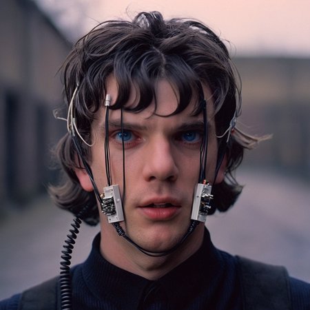 cinematic film still of  <lora:perfection style:0.5> <lora:detailed:0.5> perfection detailed
 <lora:Clockwork Orange film style:0.9>
In a futuristic dystopian Britain a man with an experimental wire device with wires on it,solo,open mouth,blue eyes,black hair,1boy,male focus,earrings,teeth,portrait,realistic , cinematic, film, kodak, Clockwork Orange film style, shallow depth of field, vignette, highly detailed, high budget, bokeh, cinemascope, moody, epic, gorgeous, film grain, grainy