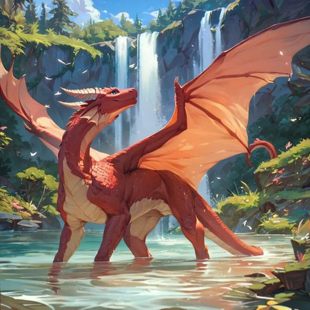 (score_9:1.2), (score_8_up:1.1), score_7_up, score_6_up, red dragon taking a bath in a forest lake, side view, wings, tail, detailed scales, nature, submerged, water  <lora:ponydragon-xl-v1:0.9>, beautiful, peaceful, feral