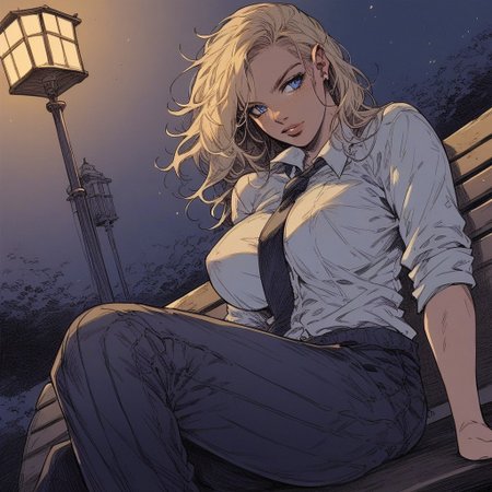 score_9, score_8_up, score_7_up, score_6_up, score_5_up, score_4_up, rating_explicit, source_western,  Ellie Buckingham, ((Bright Blond hair)), Blond Hair, Blond Bright blue eyes. Very large breasts, torpedo breasts, humongous breasts Western Style Artwork. Bold Lines, 
1 girl, sitting outside, on bench, street bench, night time, street lamp post, street lamp shining down, black pleated pants, ((white)) business shirt, tie, , looking away
flat color, dark theme
sinozick style
dutch angle
1dk