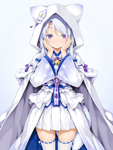 masterpiece,best quality,very aesthetic,absurdres,(ishikei:0.8),tosh \(imonade ryouchou\),(happoubi jin:0.7),
1girl,solo,<lora:Uranami_AZ_illuV01_b6g1:1>,purple eyes,white hair,swept bangs,sidelocks,blue bow on sidelocks,white eyelashes,white flower ornament,japanese clothes,blue lapels,white fur trim cape,purple striped ribbon,purple tassel,white fox ear hood,neck bell,long gradient sleeves,wide sleeves,layered sleeves,sleeves past fingers,white gradient overcoat,layered overcoat,floral print,blue-trimmed white sash,white obi,white pleated skirt,white frilled overskirt,white fox tail,white ribbon trim thighhighs,
standing,hands on own face,