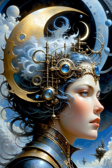 fantastic futuristic steam punk made of shiny brass towers, floating_swirls_made_of_steam, blue sky, silver moons, dramatic color palette, <lora:add-detail-xl:2> misc   <lora:DonMW15pXL:0.5> DonMW15pXL, the head of a woman by aaron horkey <lora:John Berkey Style:0.6> John Berkey Style page <lora:d\EnvyFantasticXL01:1>, (masterpiece:1.2), best quality, (hyperdetailed, highest detailed:1.2), high resolution textures, <lora:EnvyBetterHiresFixXL01:1>