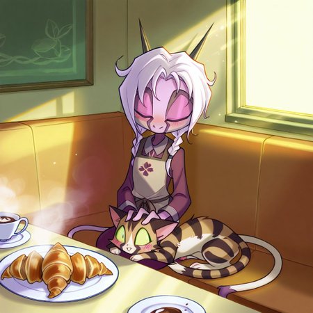 score_9, score_8_up, score_7_up,namah_calah,
1girl,solo,furry,tail, source_furry,horns,
 ,<lora:namah_calah_illustrious:0.8>,
child, kid, 
sips hot cocoa while a tabby cat naps on her lap. A half-eaten croissant sits on a floral plate, and sunlight streams through café windows, cafe, cat, hot_chocolate, croissant, plate, sunlight, lap, blush, floral_print, window_seat, steam, apron, braided_hair