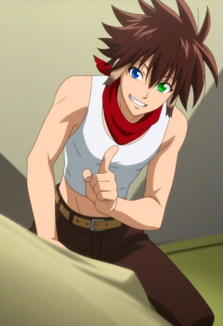 Anime, anime screencap, anime coloring, 1male only, 1boy only, male focus, one male character only, single male character only, single illustration only, bishonen, handsome, attractive, cute, Momou Inugami, brown hair, animal ears, heterochromia, blue right eye, green left eye, white tank top, red neck bandana, midriff, belt, brown pants, smile showing teeth, proud, index finger and thumb pose
