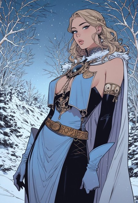 score_9, score_8, score_7, score_6, rating_explicit,
Source_anime, hentai manga, Art Nouveau:0.75, 1women, witch, pale, dark eyes, cute face, open lips, perky breasts, breast curtain, cape, gold belt, halter top, gloves, leggings, blue colours, medium breasts, forest landscape, winter, snow, dramatic rim lighting