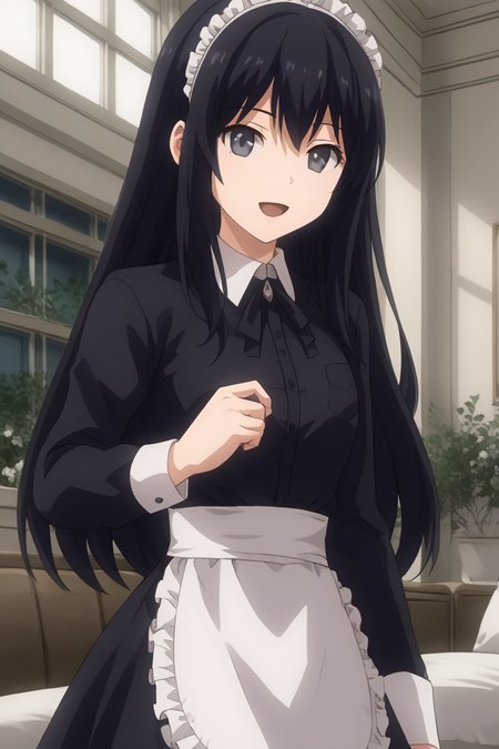 1girl, solo, ayamenb, black hair, long hair, black eyes, headress, black dress, black collared dress, long sleeves, white waist apron, frills, maid, indoors, mansion, open mouth, smile, standing, cowboy shot
