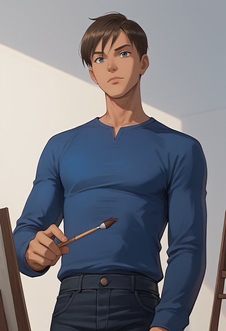 embedding:Pony\Positive\zPDXL3, score_9, score_8_up, score_7_up, 1boy, david_ts!, tanned skin, slim body, male focus, solo, blue long sleeves shirt, white trousers, painting, drawing, focusing on the canvas, canvas (objects), face stained by color paint, painting, brushes, artistic, from below, best quality, high resolution, masterpiece.