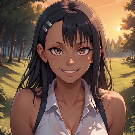 score_9, score_8, BREAK, solo, Hayase Nagatoro, Hairclip, Black Hair, Brown Eyes, Dark Skin, Dark Skin Female, sexy pose, self portrait, smile, outdoors, sunlight, shadows, evening lighting, natural lighting, forest, trees, grass, orange sky, sunset