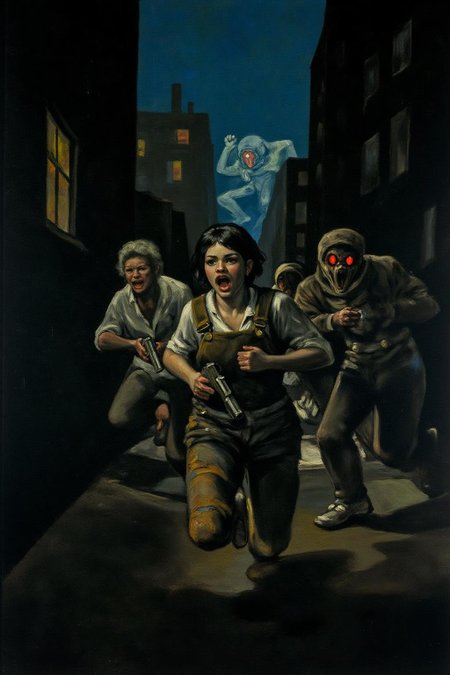 g0ya1 painting.
kako1 
A woman running down a dark alleyway between two crumbling high-rise buildings, with a holographic display of her pursuers on the walls and a strange creature with glowing red eyes lurking in the shadows, in a neon-lit cityscape that feels like a dystopian nightmare. She's dressed in tattered overalls and has a pistol at her side.  She is shouting angrily.   <lora:g0ya2_cap_d6a3e12:1.0><lora:823856997754568613:0>