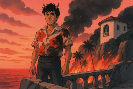 cinematic still, Tony Montana, standing on a jagged balcony in a singed floral shirt, wind-whipped hair revealing horn tips, wide shot, low-angle, setting: cliffside mansion overlooking a blood-red sea and burning palm grove, mood of isolated triumph and looming collapse, sunset inferno light blending pink and orange, color theme of rose fire, charcoal dusk, and salt-white, style reference 1980s Studio Ghibli–inspired Japanese animation still
