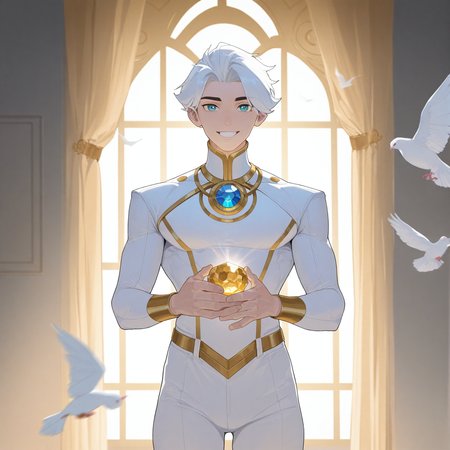 <lora:NICE:1>mr_nice, solo, looking at viewer, smile, short hair, blue eyes, shirt, long sleeves, 1boy, jewelry, standing, white shirt, white hair, male focus, cowboy shot, teeth, pants, belt, grin, aqua eyes, parted bangs, window, bodysuit, bird, animal, curtains, bright pupils, gem, gold trim, backlighting, white pants, straight-on, blue gemstone, gold, humanization, dove, white bird, bishounen, detailed background, motion blur, film grain, abstract, natural lighting, fantasy, cinematic, dynamic view, tilted angle, very awa, masterpiece, best quality, absurdres, newest, perfect quality, detailed background, intricate details,  (artist:fl \(l-fl\):0.7), (artist:tooboshoo:0.7), (artist:dizdoodz:0.8)