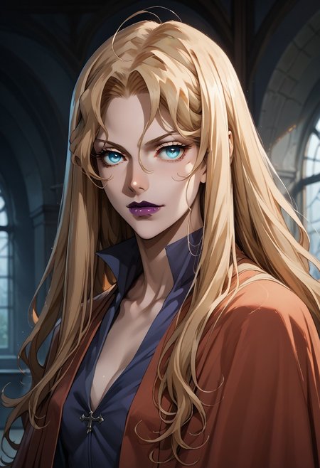 source_anime, ((score_9)),score_8_up,score_7_up,score_6_up,score_5_up,score_4_up,<lora:Castlevania_Style_Pony-v1:0.7>, Castlevania_Style, Castlevania Style, 1woman, brita_(darker_than_black), long_hair, blonde_hair, blue eyes, purple_lips, vampire,