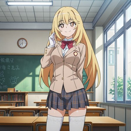 nsfw, masterpiece, best quality, amazing quality,1girl, solo, index_railgun_shokuhou_misaki, smile, standing, + +, yellow eyes, blonde hair, long hair, thighhighs, tokiwadai school uniform, pleated plaid skirt, jacket, white gloves, white thighhighs, blazer, bow, red bow, indoors, classroom, looking at viewer, <lora:Shokuhou_Misaki_-_Index_Railgun:0.7>