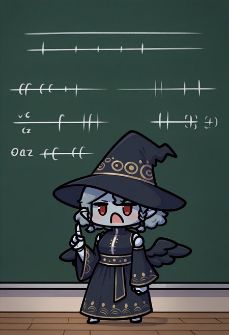 masterpiece, best quality, newest, absurdres, highres, 1girl, standing, shouting, index finger raised, phdpigeon, (chibi:1.1), full body, <lora:AgratSMT-illu:1> agrat, grey hair, short hair, curly hair, twin braids, witch hat, black headwear, grey skin, red eyes, pointy ears, black dress, sleeveless turtleneck, clothing cutout, detached sleeves, black wings, wide sleeves, long dress, doll joints, chalkboard, math