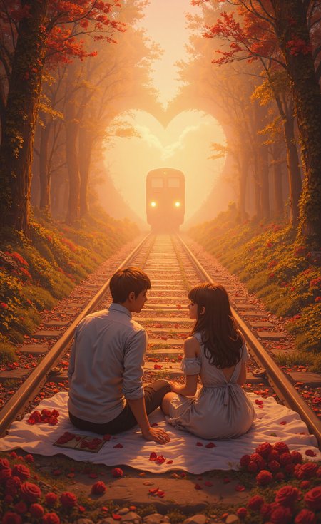 A stunning digital painting of a couple enjoying a peaceful picnic on train tracks, completely lost in their love as a high-speed train emerges from a glowing heart-shaped tunnel in the distance. The golden hour bathes the entire scene in a warm, magical light, reflecting off the metallic rails. The lovers sit on a soft picnic blanket, surrounded by scattered rose petals, their hands intertwined as if time has stopped for them. The wind from the speeding train lifts their hair and the edges of the picnic cloth. The atmosphere is dreamy and surreal, painted in a blend of Studio Ghibli’s whimsy and ArtStation-level realism. Highly detailed, fantasy vivid colors, cinematic motion, soft golden lighting, atmospheric perspective, (dreamlike:1.3), (intricate details:1.2), (romanticism:1.3), (artstation:1.4), (masterpiece:1.4).  