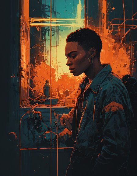 (style of El Huervo, Illustration:1.2), fflix-npt, neon lights, Abstract illustration, concept art, dark azure and orange colors, interior, of a black woman, lowcut hairstyle, in the style of the blue period, with a blue and orange palette,  texture, vector illustration, poster design, vintage poster style, high contrast, high resolution, flat colors, pop art, InkSplash, style of Petros Afshar, Clyde Caldwell, max details, Sinozick Style