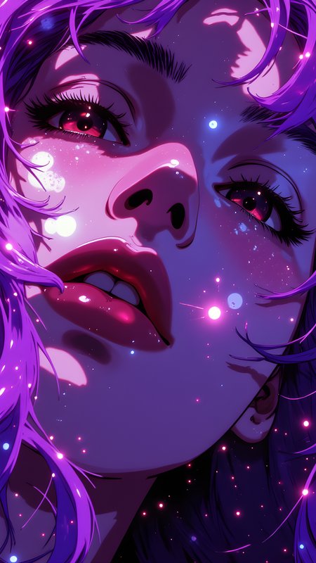 The portrait is a mesmerizing blend of surreal beauty and vibrant energy, where the subject's face is bathed in an ethereal glow of purples and pinks. Her hair cascades around her like a halo of neon light, its strands shimmering with hues that seem to pulse with life. The lighting is otherworldly, casting a radiant sheen across her skin, which appears smooth and luminous, as though illuminated from within.
Her eyes are striking, their dark irises framed by long, defined lashes that add depth to her gaze. A subtle sparkle catches the light on her cheeks and forehead, enhancing the celestial quality of the scene. Her lips are full and slightly parted, revealing just enough to hint at the warmth behind her composed expression. The overall effect is one of quiet intensity, as though she embodies both mystery and allure.
The background fades into deep shadows, drawing all attention to her radiant presence. The interplay between the vivid colors and the soft glow creates a sense of movement and vitality, making it feel as though she exists in a realm where reality blurs into fantasy. It is a moment frozen in time, capturing the essence of timeless beauty and enigmatic charm.
j_art, j_anime, <lora:FLUX\jul\J_Anime:0.7>, <lora:FLUX\RealAnime:0.7>
