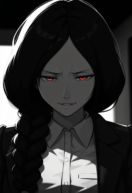 masterpiece, high quality, best quality, dramatic lighting, t4b00, 1girl, solo, monochrome, greyscale, black hair, long hair, braid, hair over shoulder, open jacket, white collared shirt, portrait, red eyes, looking at viewer, smug, parted lips, dark, (head down:1.3), stare,