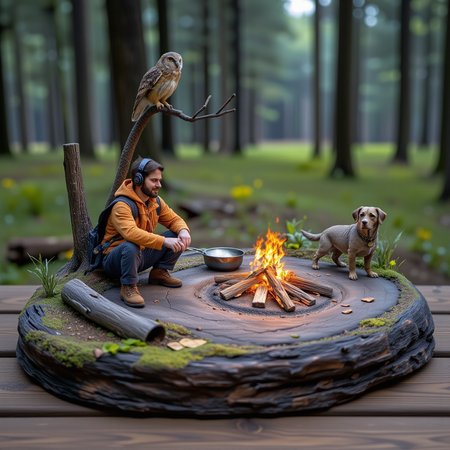 A miniature diorama of a traveler cooking over a campfire in the woods at night. His dog sits beside him and his new friend, an owl, sits on a nearby tree branch. A magical night. <lora:Flux.1_Turbo_Detailer:0.7>, <lora:Diorama_Flux:1>