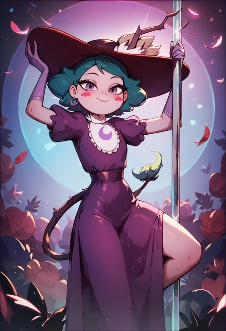 score_9, score_8_up, score_8, Eclipsa Butterfly, green hair, short hair, purple eyes, dark red sun hat with feathers and branch, white cravat, purple dress, light purple gloves,  closed mouth, sly smile, vivid colors, red spade blush stickers, cowboy shot, looking at viewer, stripper, stripper pole, pole dancing