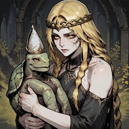 masterpiece, best quality, newest, absurdres, highres, TTCSV1.0, MTDPV1.0, turtle, tortoise, hat, mitre, white headwear, oversized animal 
BREAK
1girl, queen marika the eternal (elden ring), bare shoulders, black dress, circlet, gold circlet, cracked skin, halter dress, halterneck, long hair, yellow eyes, braid, braided hair, long braid, blonde, blonde hair, hugg, hugging animal, hugging turtle,