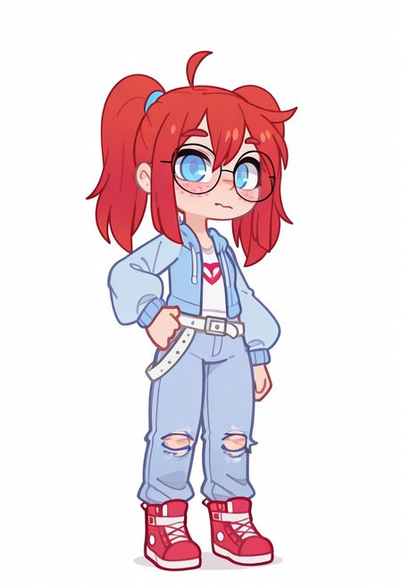 1 girl , solo , GachaMiky rou, Mikycka, girl, red hair, two ponytails, freckles, ahoge, glasses, blue eyes, jewelry, light blue jacket, light blue pants, torn pants, white belt, red sneakers , blushing , looking at viewer, hand on hip , 
masterpiece ,best quality ,amazing quality, Flatline, Flat vector illustration, rapscallionstyle ,huffslove ,S4bit4mago_illu ,