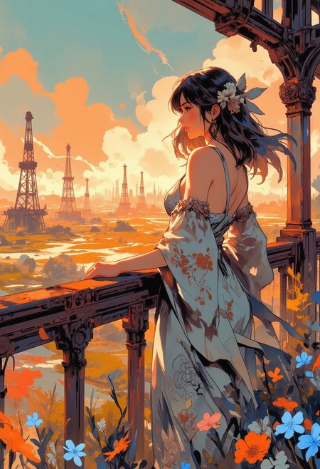 Mh1$AgThS2, intricate linework with expressive contrasts, soft lighting with dynamic highlights, Japanese woman in a floral-pattern summer dress looking at a rusted antiquated oilfield with oil derricks, landscape, sunset. Impressionistic, ligne claire outlines for clarity and structure, In the style of ff-td