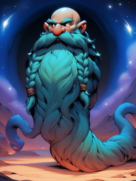 Alien-themed , score_9, score_8_up, score_7_up, score_6_up, score_5_up, score_4_up, <lora:Harry_Dwarf_Pony_XL:1>,  
Harry_Dwarf,  bald, bangles,  with long Teal beard and braided moustache,  exciting, dynamic . Extraterrestrial, cosmic, otherworldly, mysterious, sci-fi, highly detailed