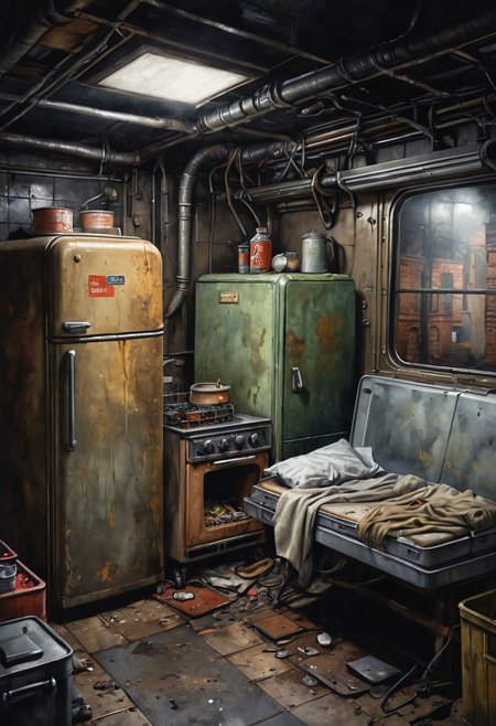 black background, apocalyptic subway, old bed, old fridge, old stove, old tv, dark, sewer, melancholic, watercolor, bold pencil outline, professional art, high detail, intricate detail, high resolution, steam