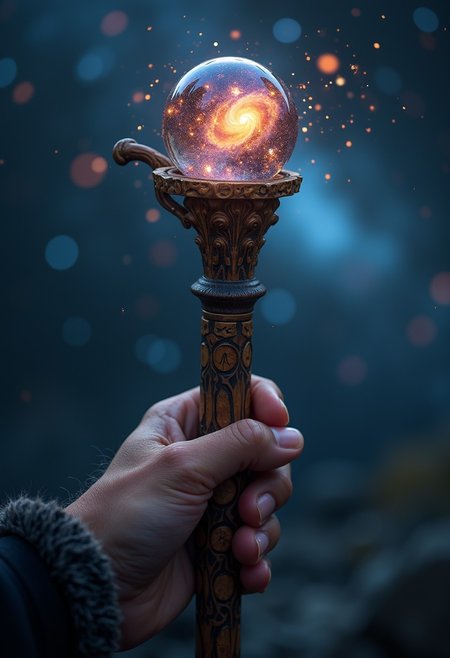 Old national geographic grainy photography, fined grain photo :
Render an image of a staff crafted from a smooth, dark wood that seems to absorb the light around it. The surface of the staff is etched with ancient constellations that glow faintly with starlight, each star pulsing softly as if reflecting the heavens above. The top of the staff holds a small, glowing orb that seems to contain a miniature galaxy, swirling with vibrant colors and casting a soft, cosmic light. A hand grips the staff, with tendrils of ethereal light spiraling around the fingers, connecting the wielder to the cosmic energies within. The background is blurred into a night sky filled with stars, with hints of a distant nebula, creating a sense of cosmic power and mystery.