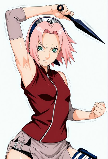 amazing quality,very aesthetic,absurdres,best quality,newest,masterpiece,4k resolution, absurdres, highres, simple background, white background,
1girl , haruno sakura,small breasts, looking at viewer, konohagakure symbol, red vest, expressionless, holding kunai, expressionless, v-shaped eyebrows,fighting stance, <lora:Haruno_Sakura_il2:1> motion lines, armpit