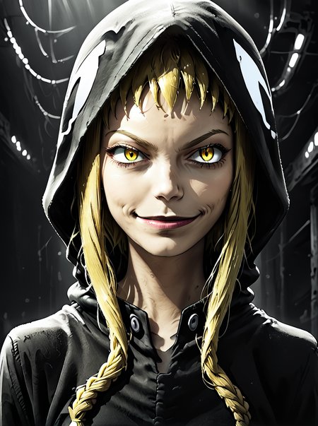 score_9, score_8_up, score_7_up, BREAK source_anime, <lora:soul_eater_pony:0.8>,detailed shadows,realistic lights,low contrast,overall detail,eye detail, souleaterstyle,score_9,medusa,1girl,solo,smile,blonde hair,yellow eyes,hood,hoodie,smirk,anime coloring
sincitystyle, ,
 <lora:SinCityStylePony:0.8>