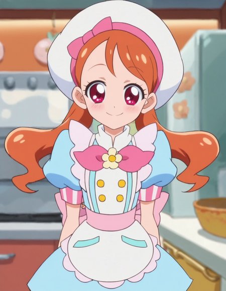 score_9, score_8_up, score_7_up, anime screencap, solo,1girl,usamiichika,  smile, hat, pink bow, apron, white headwear, blue dress, puffy sleeves, beret, looking at viewer,cowboy shot,small breasts,blush<lora:usamiichika:0.8>