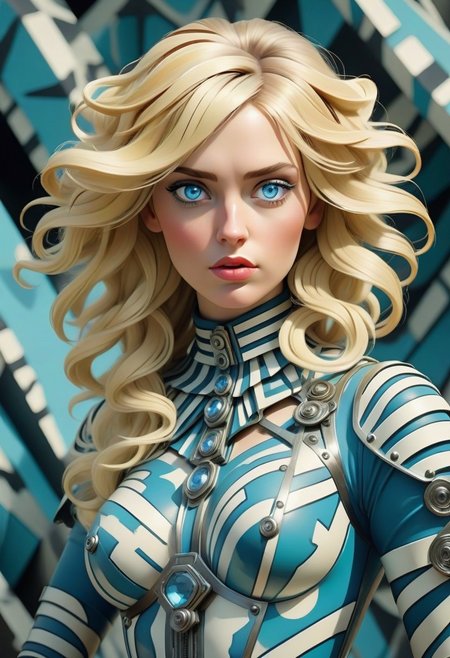 meta;;ic chrome beautiful female android with ((psychedelic)) angular ww1 dazzle camouflage. ((various poses.   large breast. blonde hair, blue eyes.