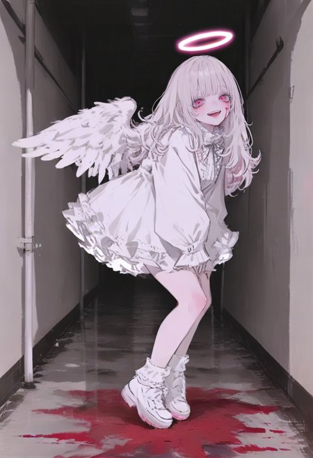 1girl, halo, solo, wings, angel wings, open mouth, blood, pink eyes, angel, smile, dress, looking at viewer, white footwear, long hair, white dress, shoes, bangs, long sleeves, feathered wings, white hair, :d, sleeves past wrists, full body, teeth, frills <lora:748cmXL_il_lokr_V6311P:0.95>
