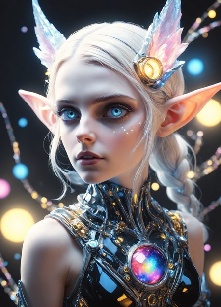 beautiful anthropomorphic elves, gentle sensual creatures from parallel worlds, living in eight dimensions. Hyper realism, photo realism, hyper detail, aesthetically pleasing, beautiful, cyber nerd, full-length view, focus on the eyes, in the Gatsby style. On the background is the edge of the universe, a black hole. 30mm lens, 1/250s, f/2.8, 4k, pixel graphics. With a friend, exotic, bright, glitter, a riot of colors, small pearls, subsurface scattering, Photorealistic, Hyperrealistic, analog style, realistic, film photography, soft lighting, heavy shadow