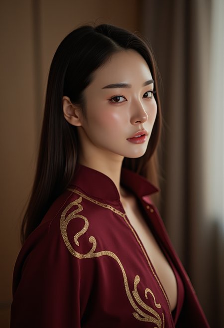 photo of a korean woman,High quality, 8k, RAW photo, beautiful and aesthetic,  complex detail, Indirect light,photorealistic,woman, Luxauly_outfit,luxiory fashion,gold trim
