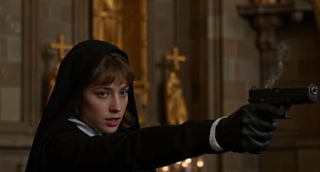 dramatic cinematic  side angle still of a young woman aiming a matte black G17Model Glock Pistola commanding portrait of a young nun with fair skin and shoulder-length ash-brown hair styled into loose waves beneath a neatly folded black veil, her piercing green eyes locking onto the viewer with firm resolve; she wears a fitted black habit with crisp white trim, her hands gripping a heavy silver revolver with a polished barrel, the weapon aimed confidently at the viewer; behind her, the grand stone interior of a cathedral is illuminated by warm candlelight, with towering arches and golden icons lining the walls; faint wisps of incense rise in the air, adding movement and texture, while the interplay of light and shadow across her figure creates a dramatic and reverent tone  dark, dramatic lighting<lora:Glock (G17)_epoch_12.safetensors:1.0:1.0>