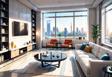 ((front view)), Shallow scene, ((animation style)), modern-style interior, with white walls, (large windows), a  study, Sofa, coffee table, bookcase, single wall, 
warm light morning sun, (City high-rise building scenery)
