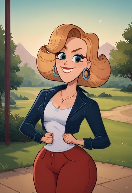 score_9, score_8_up, score_7_up, ultra quality, 1girl, hoop earrings, red pants, blue jackets, Kitty Cartwright, short blond hair, narrow waist, curvy, big hips, breasts, looking at the viewer, smile, upper body,