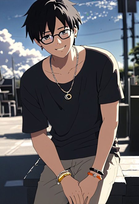 Highres, Masterpiece, High Quality, 4K, 8K, solo, 1Boy, Takaki Toono, adult, black hair, short hair, sunny, cloudy, posing, candid, sweet smile, photo model, earrings, necklace, bracelet, anklet, ring, fake glasses, easynegative, detailed_eye_model