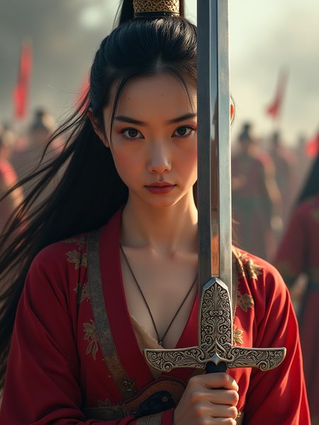 Composition: Heroic Image of Mulan
Overall Composition:

Central Composition: A long sword, resembling a mirror, stands prominently in the center of the image, extending high above the frame. Its reflective surface captures the essence of Mulan, emphasizing her strength and determination.

Background: The background is intentionally blurred to depict a chaotic battlefield, filled with indistinct figures and swirling smoke, which enhances the focus on Mulan and the sword.

Character Details:

Mulan's Appearance: Mulan embodies Eastern beauty, reminiscent of Liu Yifei. Her cold and fierce expression is accentuated by visible scars, telling stories of her battles. Her features are full and striking, with slightly furrowed brows and piercing eyes that radiate intensity.

Facial Expression: Mulan’s face is serious, with a hint of fierceness. Her eyes are bright and filled with determination, conveying her unwavering spirit as a warrior.

Costume Details: She wears traditional battle attire with intricate designs, predominantly in deep reds and golds, symbolizing power and honor. The fabric flows around her, emphasizing her warrior spirit and grace.

Sword Details:

Sword Design: The sword is long and sleek, with a mirror-like surface that reflects Mulan’s face and the battlefield behind her. The intricate patterns on the blade represent her cultural heritage and fighting spirit.

Reflection Effect: The reflection on the sword captures Mulan’s intense gaze and determined expression, enhancing the connection between her and the weapon, symbolizing unity in purpose.

Lighting Effects:

Light Source: A dramatic light source highlights the sword and Mulan’s face, creating a strong contrast that emphasizes her features and the sword’s gleam. The background remains darker and more chaotic, directing attention to her.

Shadow Effects: Mulan’s figure casts a soft shadow on the sword’s reflection, adding depth and a sense of mystery to the composition.

Overall Mood:
This image captures Mulan as a fierce and beautiful warrior, embodying Eastern aesthetics with a realistic style akin to a movie poster. The long, mirror-like sword, extending beyond the frame, serves to amplify her strength and resolve, making her a striking figure of heroism in a tumultuous era. The composition emphasizes her connection to the sword, symbolizing her inner strength and determination to fight for honor.