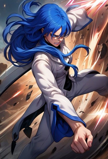 Pridya, blue eyes, blue hair, long hair, low tie ponytail, saint uniform, fighting stance, girl attacking the viewer, incoming attack:1.8, attack, clenched teeth, 1girl, solo, high quality, score_9, score_8, score_7, score_8_up, score_7_up, score_6_up