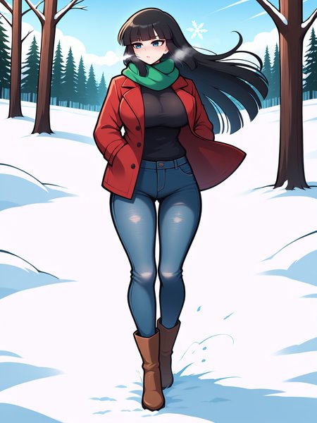 masterpiece, best quality, amazing quality, by asukaln
(solo:1.4), Ikaruga_IL, long black hair, blunt bangs, hime cut, dark blue eyes, large breasts, red coat, jeans, green scarf, high boots
hands in pockets, outdoors, winter, wind, hair fluttering in the wind, trees, snowflakes, flying snow, snow, cold
<lora:Mystyle_SDXL_LoCon_DORA_v2:1>
<lora:SK_Ikaruga_IL:0.8>