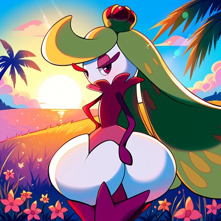 score_9_up, score_8_up, score_7_up, best quality, masterpiece, source_anime, soft shading, blue background, palm trees, grass, flowers, clouds, sun, sun rays, BREAK 1girl, solo, tsareena, pokemon, flora fauna, green hair, long hair, wide hips, white head, eyelashes, pink eyeshadow, purple eyes, standing, cowboy shot, looking at viewer, narrowed eyes, portrait, close up, waist up, side view, <lora:PDXL_Tsareena_PKMN:1>