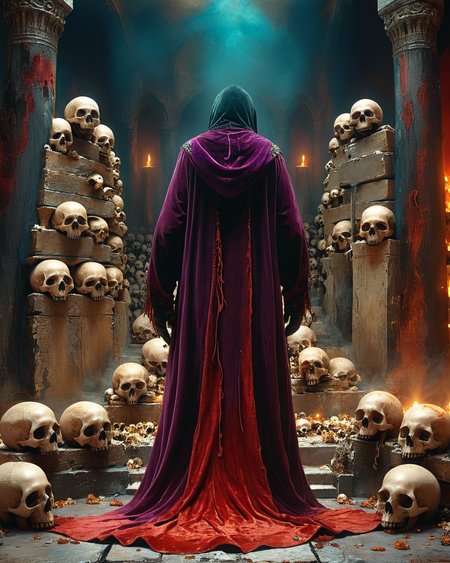 hooded human sorcerer standing in evil temple near a pile of skulls, raised dais, viewed from behind, velvet robe, volumetric lighting, intense colors, <lora:add-detail-xl:1.0>,  <lora:xl_more_art-full_v1:0.4>,   <lora:XSfenlie:1> fenliexl,  <lora:lora:1>, realistic photo