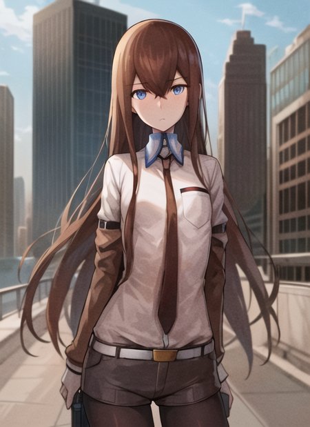 skyscraper, long hair,1girl,brown hair,necktie,red necktie,solo,jacket,pantyhose,shorts,blue eyes,black pantyhose,legwear under shorts,black shorts,shirt,belt,looking at viewer,white shirt,collared shirt,kurisu_makise girl,<lora:kurisu_makise01:1>