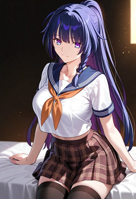 ((masterpiece, best quality, amazing quality, very aesthetic, absurdres)), 
Takeuchi takashi, ((solo)), ((better eyes)), peaceful, smile, closed mouth, 1girl, (large breasts, thin waist, wide hips), (((raiden_mei_honkai_impact_3rd))), (((black hair, purple tinted hair, purple eyes))), ((long hair, bangs, side_braid, ponytail)), (((white top, orange neckerchief, short sleeves, pleated skirt, plaid skirt, brown skirt, black stockings))), no background, dark background, sideshot, cowboy shot, dark background, portrait, looking at viewer